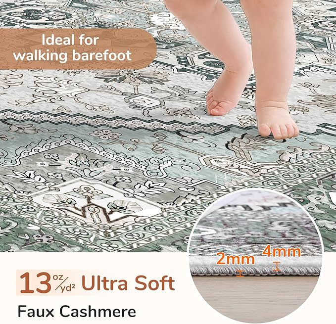 OPPODREAM Soft Entryway Rug 2x10, 2x10 Rug Runner, Washable Hallways Carpet 2 x 10 with Non Slip Backing, Low-Pile Bedside Carpet 2 x 10, Long, Faux Cashmere, Green