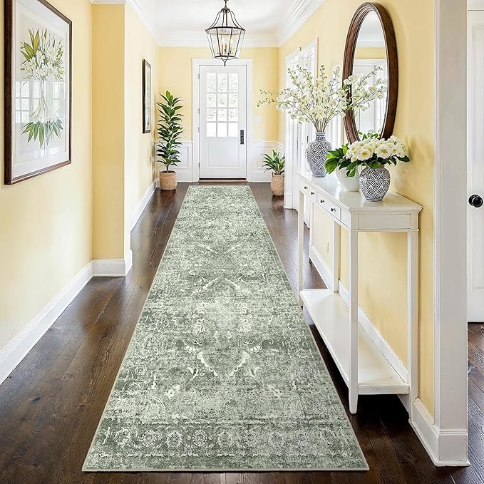 2'6"x12' Washable Hallway Runner Rug - Non Slip Kitchen Runner Rugs with Rubber Backing Vintage Low-Pile Carpet Runners for Entryway Dining Room Laundry Room Home Decor (Muted Sage Green)