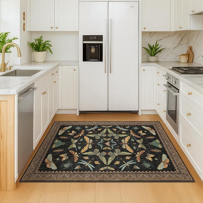 Insect Print Washable 4x6 Entryway Rug - Non-Slip Low Pile Area Rug for Large Kitchen, Bedroom, Office - Ultra Soft Aesthetic Decor, Black & Brown