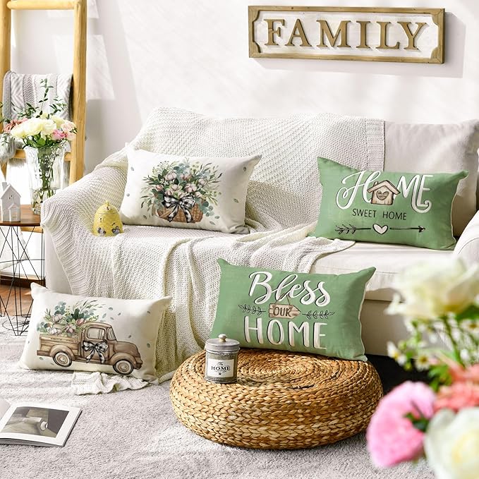 AVOIN colorlife Bless Our Home Farmhouse Eucalyptus Leaves Throw Pillow Covers, 12 x 20 Inch Green Truck Cushion Case Decorations Set of 4