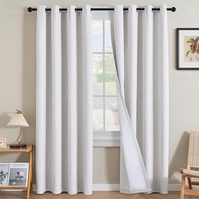 H.VERSAILTEX Linen Curtains 100% Blackout Curtains for Bedroom 108 inch Long Full Light Blocking Nature Linen Blended Window Curtains for Living Room Nickel Grommet (2 Panels, Heathered White)