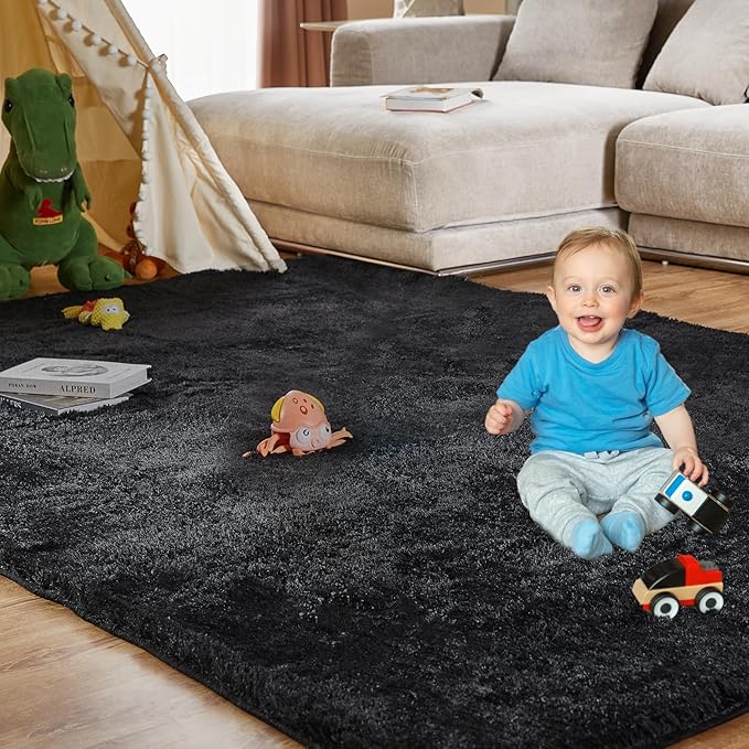Luxury 6x9 Modern Indoor Home Living Room Area Rugs, Large Fluffy Shag Fuzzy Plush Soft Bedroom Area Rugs, Carpet for Kids Boys Girls Dorm Nursery Home Decor Aesthetic, Non-Skid, Black