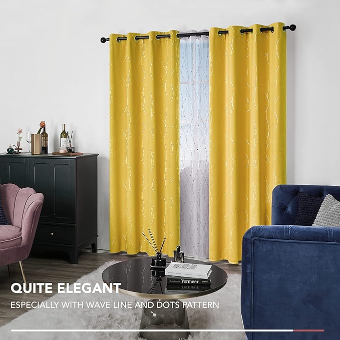 Deconovo Yellow Curtains, Modern Blackout Drapes, Thermal Insulated Soundoroof Pravicy Curtain with Wave Dots Foil, 52 x 84 Inch, Machine Washable Window Panels for Living Room Bedroom Nursery Office