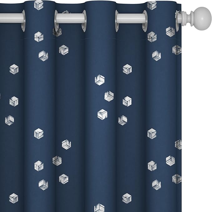 Deconovo Designer Series Silver Cubic Print Blackout Curtains for Living Room Bedroom, Thermal Insulated Soundproof Window Drapes, Grommet Top, Navy Blue,52W x 95L Inch, 2 Panels