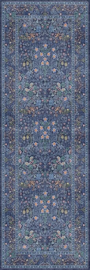 Hazo Haus Non Slip 2x6 Dark Blue Kitchen Runner Rug - Long Runner Rugs 24 x 72 Washable Hallway Floor Mat, Bedroom Laundry Room Bathroom Runner - Dusky Navy Vintage Floral Design Décor