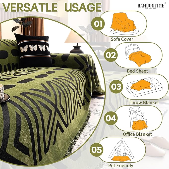 HANDONTIME Boho Couch Cover Geometric Striped Pet Covers for Couches and Sofas Olive Green and Black Dog Cover for Couch Pet Friendly Chenille Sectional Sofa Covers for Pets Washable, 71" X 150"