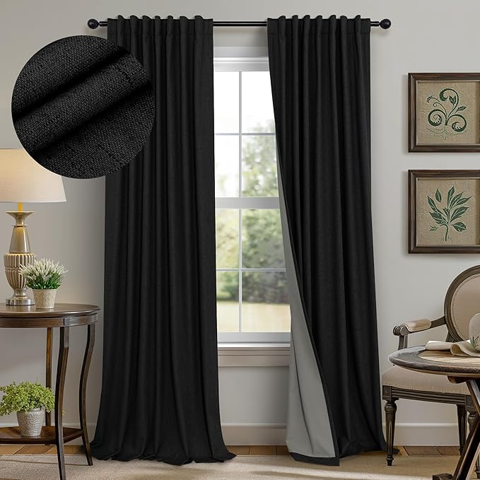 Pitalk Black Curtains for Bedroom 90 Inches Long Sound Proof Modern Window Drapes Light Blocking Floor to Ceiling Rod Pocket Linen Back Tab Curtains Blackout Dining Room Office 52x90 Length 2 Panels