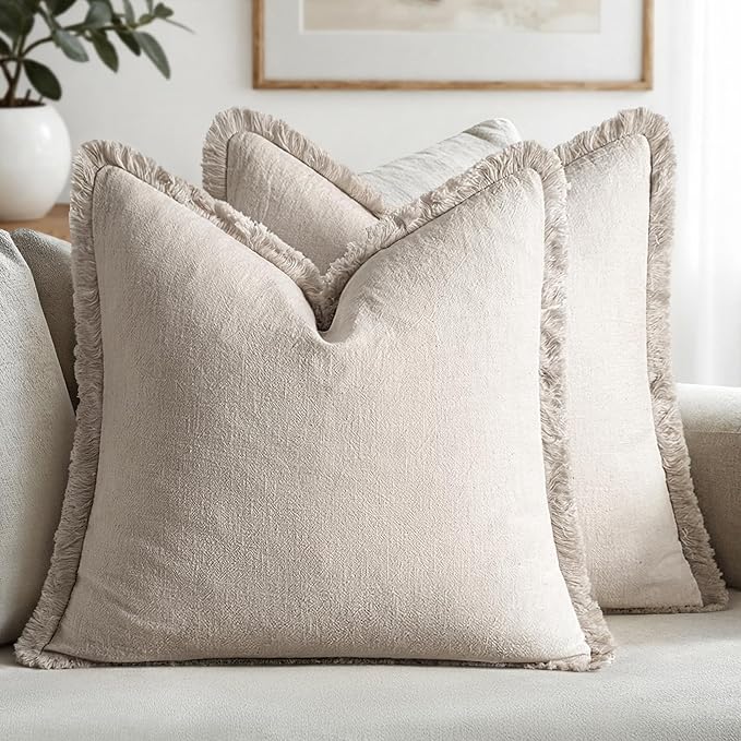 MIULEE Decorative Throw Pillow Covers Neutral Linen Fringe Throw Pillows Set of 2 Natural Beige Boho Farmhouse Cushion Covers with Tassels for Couch Sofa Bed Spring Home Decor 20x20 Inch