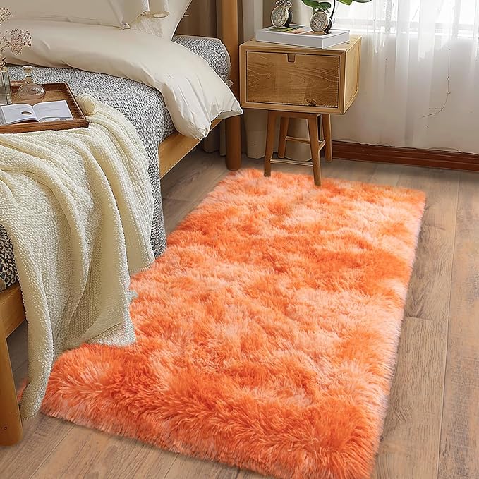 Soft Runner Rugs for Bedroom Hallways, 2x4 Tie-Dyed Orange Fluffy Shag Throw Area Rug Non Slip for Bedside Dorm, Long Shaggy Furry Carpet for Nursery Living Room
