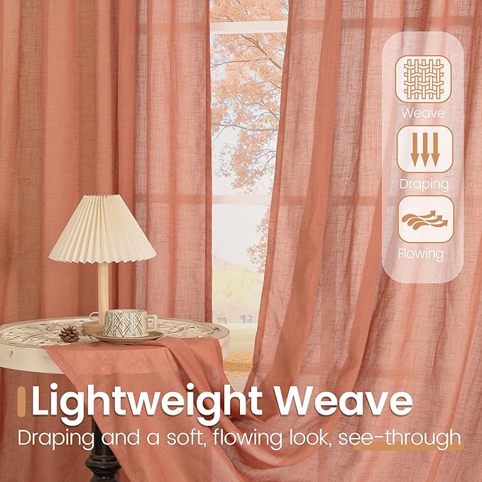 Terracotta Curtain Panels, 96 Inch Length, Light Filtering Linen-Style