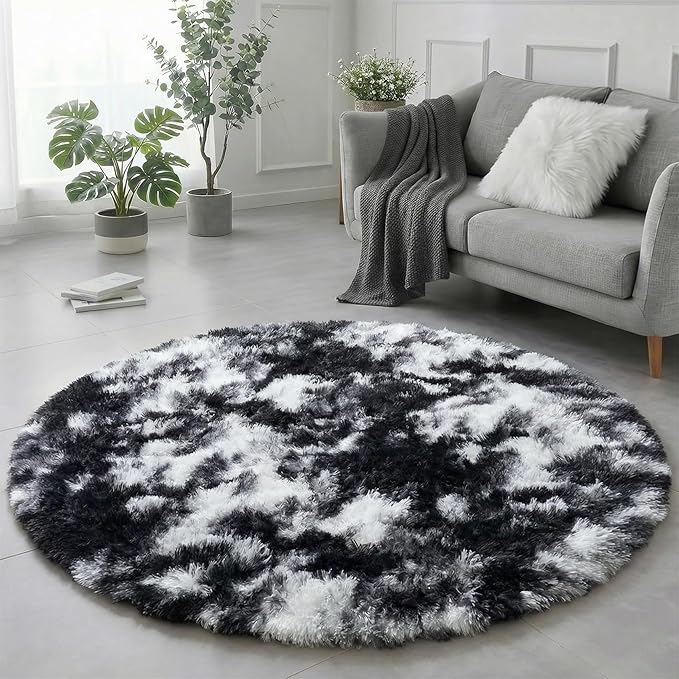Amdrebio Black White Grey Circle Rug 6Ft Round Area Rugs for Living Room Bedroom, Fluffy Fuzzy Shaggy Furry Rugs for Home Office Kids Room Dorm, Plush Modern Cool Floor Shag Carpet for Men Teen Boys