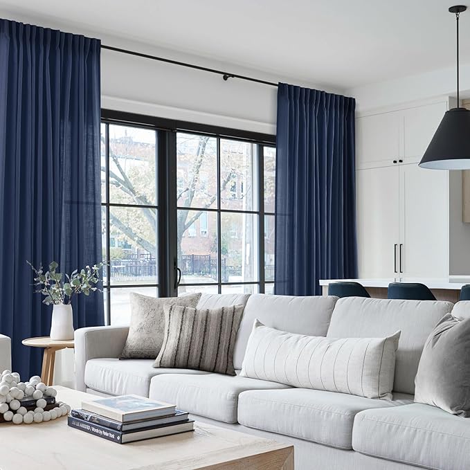 Navy Blue Curtains 84 inch Length for Bedroom Back Tab Light Filtering Semi Sheer Blue Living Room Curtains Linen Cotton Textured Indigo Blue Drapery Panel Modern Aesthetic Decor 60" Wx84 L