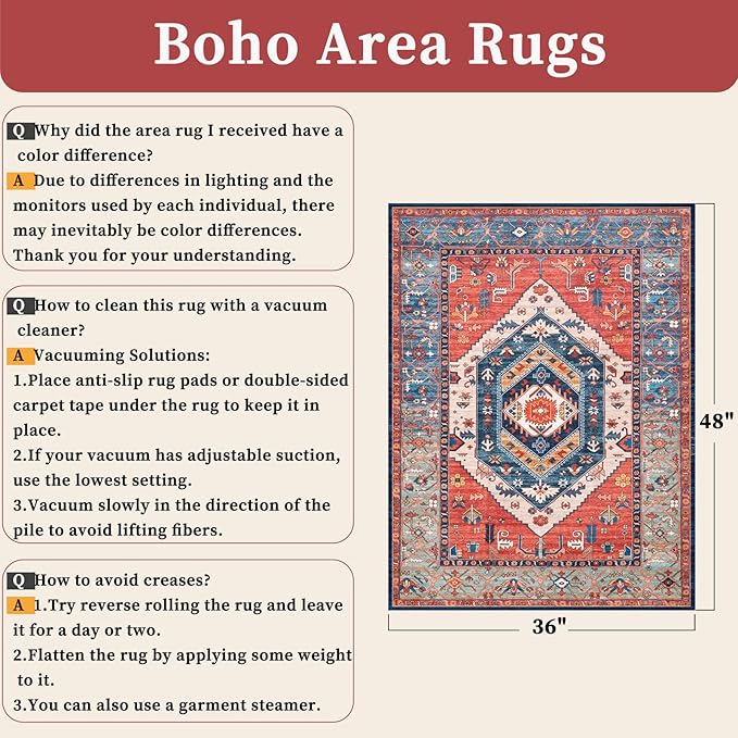 SERISSA Boho Area Rugs for Entryway, 3x4 Washable Non-Slip Kitchen Rug, Ultra Soft Print Distressed Rust Rug Low-Pile Throw Door Mat Indoor Entrance Carpet for Bedroom Living Room Dorm Decor