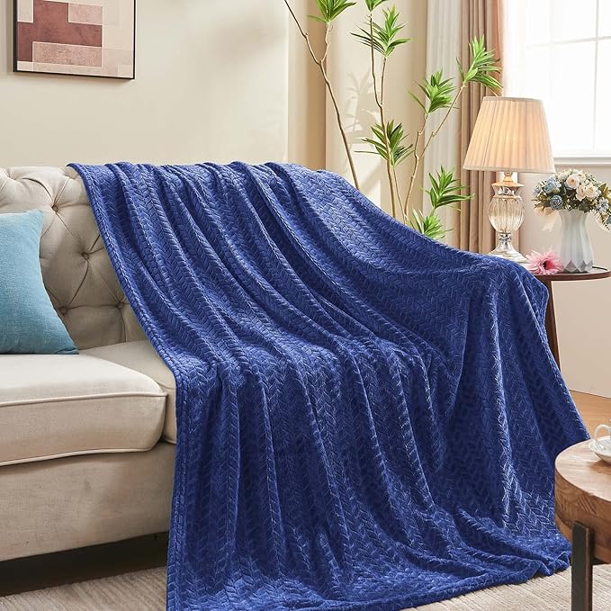 inhand Navy Fleece Queen Blanket for Bed, Super Soft Flannel Cozy Blankets for Adults, Lightweight Leaves Pattern Fuzzy Blanket for Office,Travel, Warm Plush Blankets for All Season, 90x90 Inches
