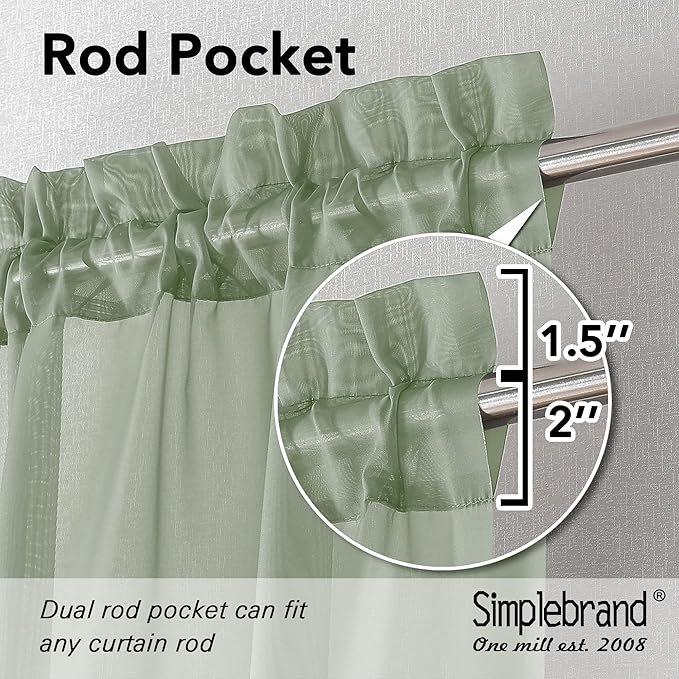 Simplebrand Sage Green Sheer Curtains 96 Inches Long, Light Filtering Rod Pocket Solid Color Window Sheer Curtain Panels, Elegant Curtains & Drapes for Living Room, Bedroom 2 Panels, 59" W x 96" L