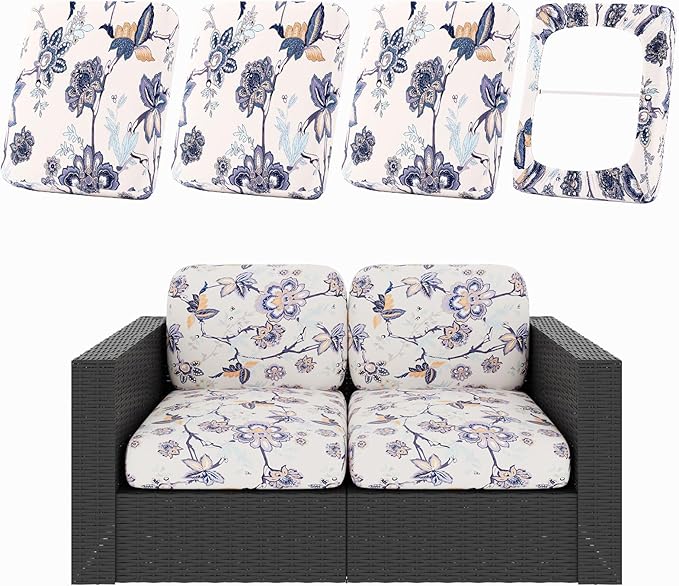hyha 4Pcs Patio Cushion Covers, Stretch Outdoor Couch Cushion Covers, Washable Outdoor Chair/Sofa Slipcovers for Patio Furniture Cushions Protector with Elastic Bottom(Vintage Flower,Cover Only)
