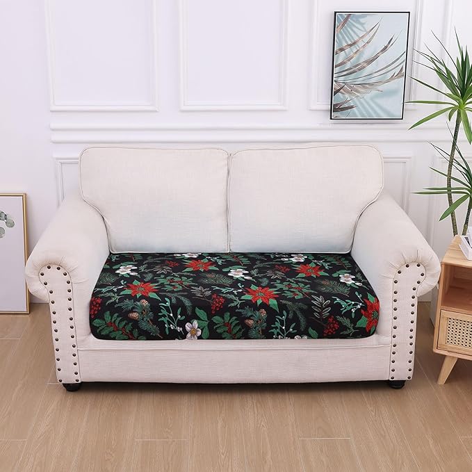 hyha Printed Couch Cushion Covers, Floral Sofa Covers Washable for 2 Cushion Couch, Stretch Pattern Outdoor Cushion Covers for Patio Furniture with Elastic Bottom(Medium, Christmas Botanical)
