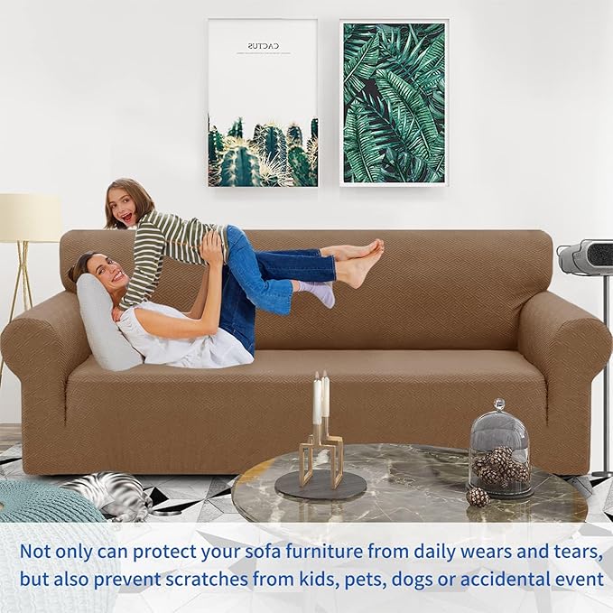 ZNSAYOTX 1 Piece Jacquard Chair Slipcovers for Living Room High Stretch Chair Covers with Arms Anti Slip Pets Friendly Couch Sofa Armchair Cover Furniture Protector (Small,New Pattern Light Coffee)