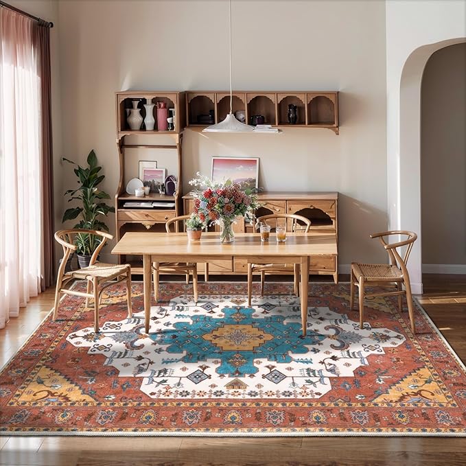 SERISSA Boho Area Rug 5x7 Orange, Washable Large Rugs for Living Room, Ultra Soft Non-Slip Bedroom Rug Print Distressed Vintage Tribal Farmhouse Carpet Rug for Dining Room Dorm Office Home Decor
