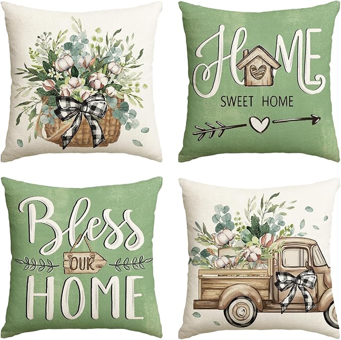 AVOIN colorlife Bless Our Home Farmhouse Eucalyptus Leaves Throw Pillow Covers, 18 x 18 Inch Truck Home Sweet Cushion Case Decorations Set of 4