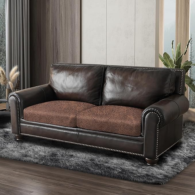 Leather Look Couch Cushion Covers Sofa Seat Slipcovers Sets Couches Furniture Protector for Sectional Armchair Loveseat Pets Kids Stretch Spandex Fabric (2 Cushion Loveseat, Brown)