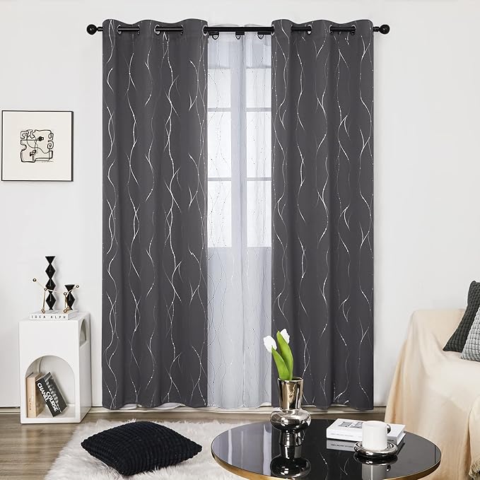 Deconovo Grey Curtains for Living Room, Blackout Drapes, Protect Pravicy Thermal Insulated Soundproof Window Drape, Wave Dots Foil Print, 42 x 95 Inch, Set of 2 Panels for Bedroom Sliding Glass Door