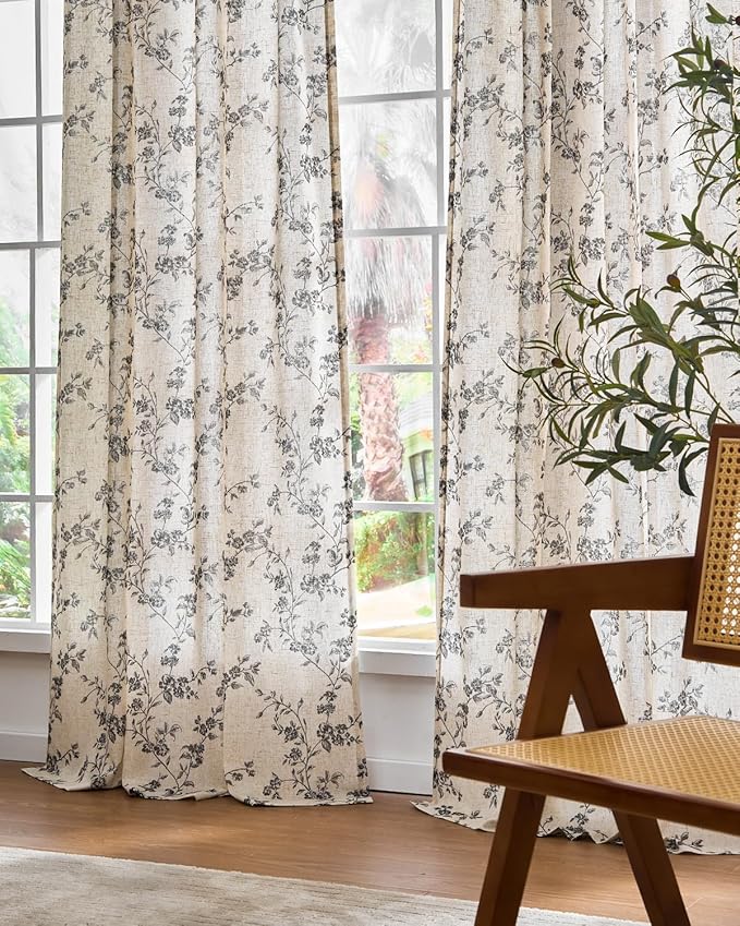 Lazzzy Black Floral Linen Curtains 96 Inch Farmhouse Back Tab Drapes for Living Room Bedroom Light Filtering Vintage Grandmillennial Rod Pocket Curtains, 2 Panels, W38 x L96, Black on Beige