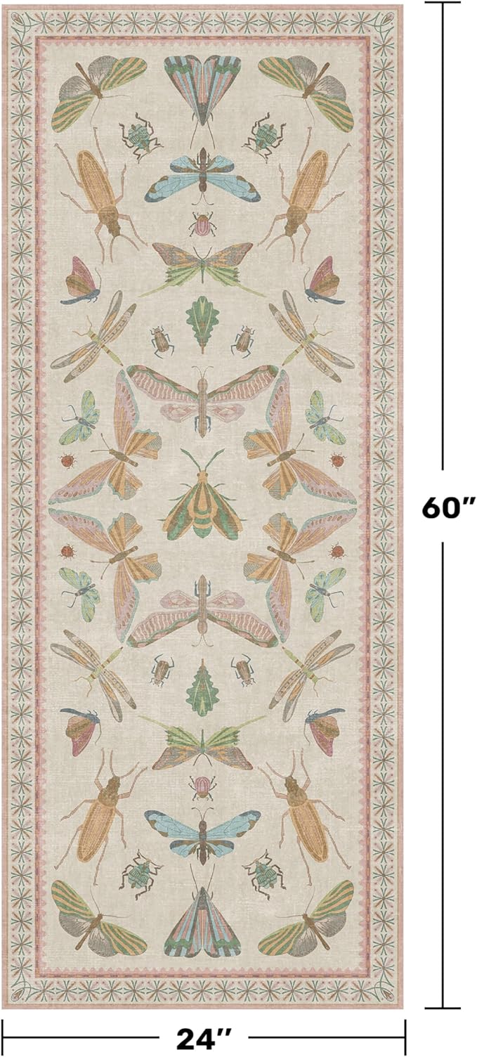 Hazo Haus Boho Bathroom Runners - 2x5 Pink Rug for Kitchen, Entry Way, Hallway, Non Slip Washable Butterfly Insect Print Home Decor