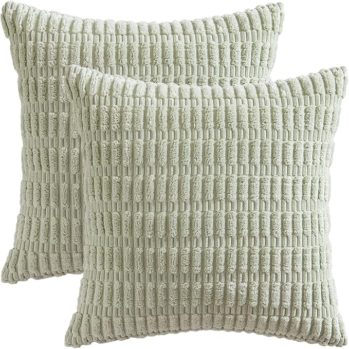 MIULEE Pack of 2 Spring Corduroy Decorative Throw Pillow Covers 20x20 Inch Soft Boho Striped Pillow Covers Modern Farmhouse Home Decor for Summer Sofa Living Room Couch Bed Light Green