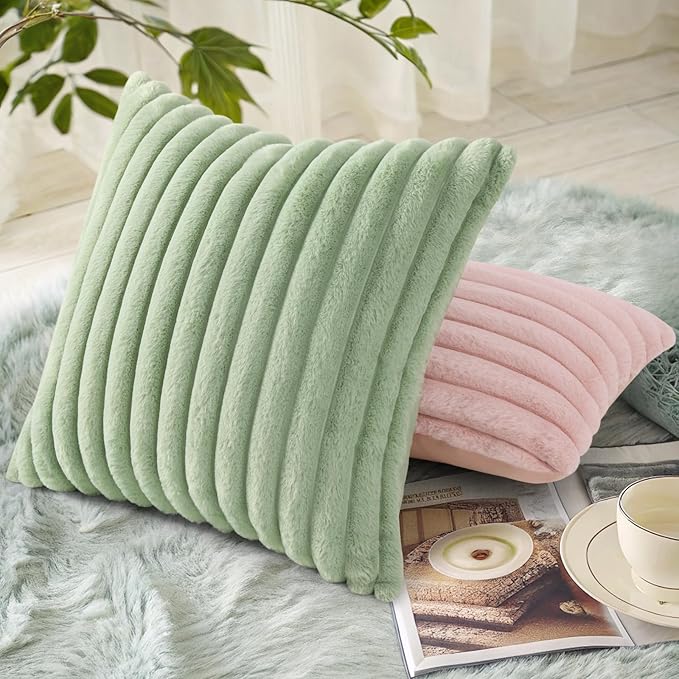 decorUhome Summer Cozy Faux Fur Throw Pillow Covers 26x26 Set of 2 Decorative Plush Striped Modern Farmhouse Boho Couch Euro Sham Pillow Cases with Velvet Back for Sofa Bed Living Room, Sage Green