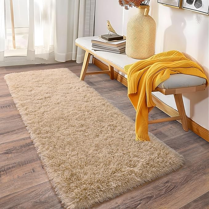 Soft Runner Rugs for Bedroom Hallways, 2 Packs 2x6 Beige Fluffy Shag Throw Area Rug Non Slip for Bedside Dorm, Long Shaggy Furry Carpet for Nursery Living Room