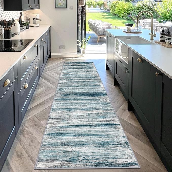 KOZYFLY Modern Abstract Hallway Runner Rug, 2.6x10 Washable Rug Runner Non-Slip Soft Striped Kitchen Runner Rugs, Print Blue Carpet Runner for Entryway Bathroom Laundry Room Foyer