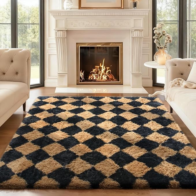 Ophanie Checkered Black & Beige Rhombus Rugs for Living Room Bedroom, Fluffy Soft Cute Fuzzy Area Rug, Plush Shaggy Bedside Floor 4x6 Furry Carpet for Kids Baby Teen Dorm Nursery Home Decor Aesthetic