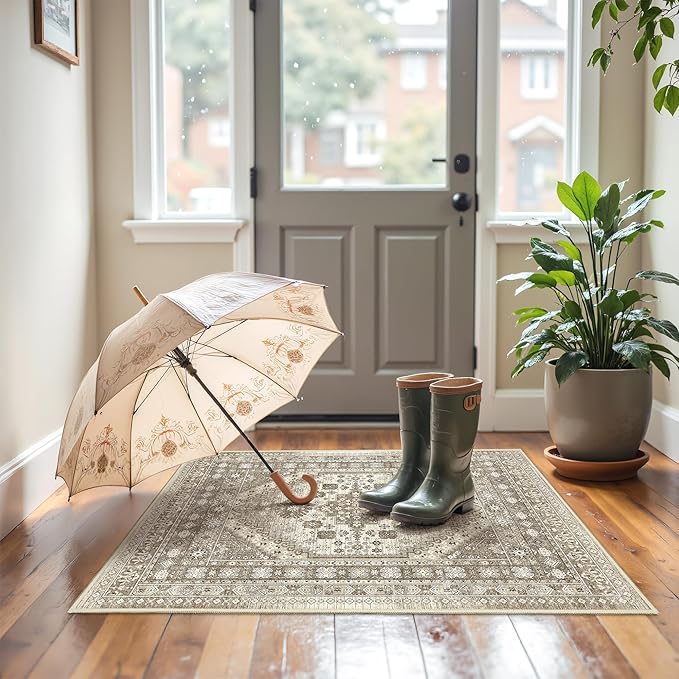 Entryway Rug - 2x3 Washable Rug Runner for Bathroom, Laundry Room, Kitchen, Soft Vintage Hallway Runner for Bedroom, Non-Slip Door Mat Indoor Entrance(Brown,2'x3')
