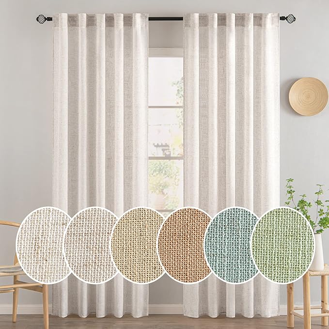 MIULEE White Linen Curtains 84 Inch Length 2 Panels for Bedroom Living Room, Soft Thick Linen Textured Natural Window Drapes Semi Sheer Light Filtering Back Tab Rod Pocket Burlap Look Decor