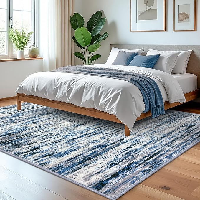 Lansny Modern Abstract 5x7 Machine Washable Area Rug Non-Slip Soft Bedroom Living Romm Rug Grey Blue White Thin Print Faux Wool Floor Carpet Throw Rugs for Nursery Playroom Dining Room Indoor