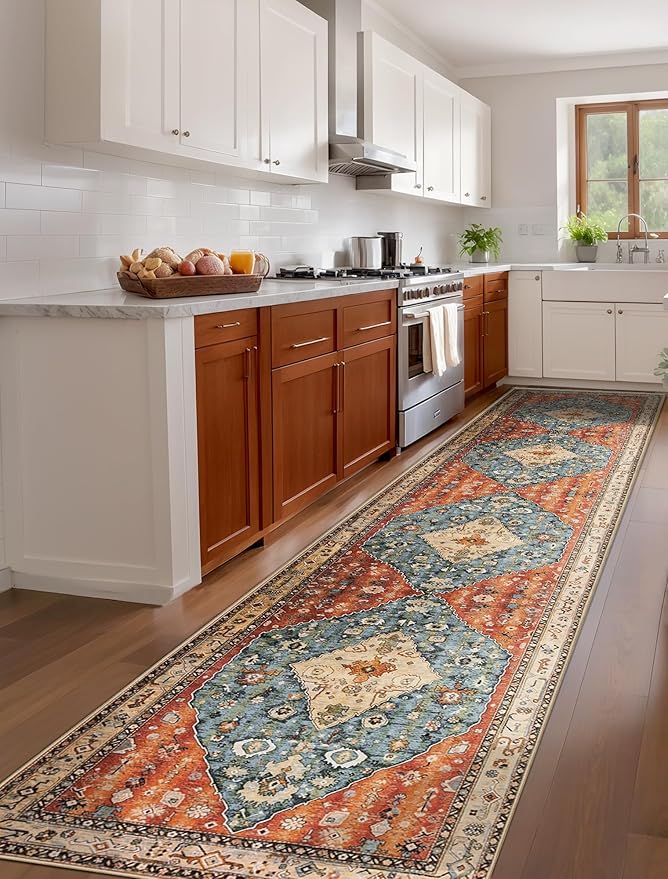 SERISSA Runner Rug for Hallways, 2'6"x12' Washable Non Slip Kitchen Runner Rug, Extra Long Boho Rug Ultra Soft Vintage Tribal Print Floor Carpet for Bedroom Hallway Entryway Bathroom Laundry Room