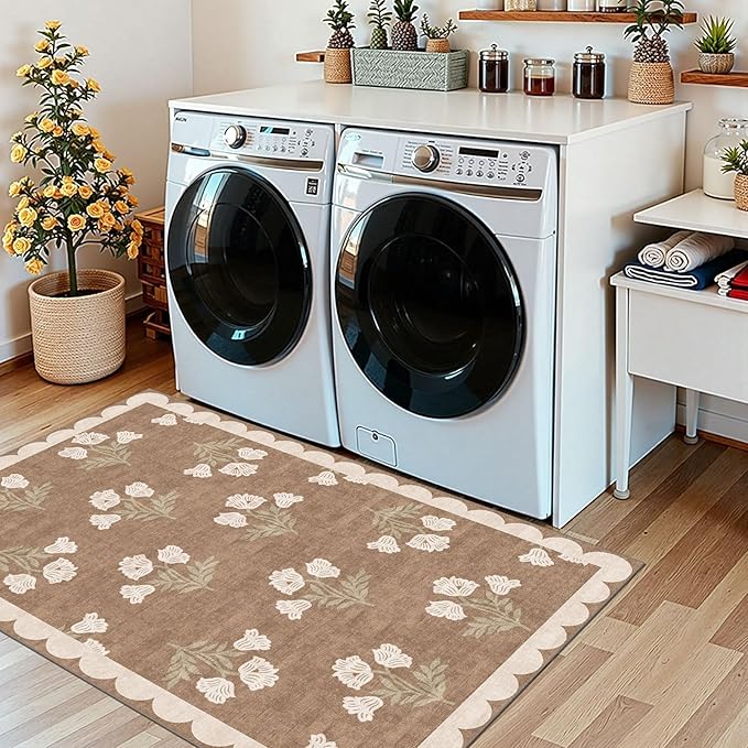Floral Outdoor Rug - 28" x 43" Spring Front Door Mat Indoor Outside Entrance Non-Slip Washable Outdoor Mat Tan Boho Neutral Farmhouse Throw Rugs for Entryway Kitchen Bedroom Front Porch Decor