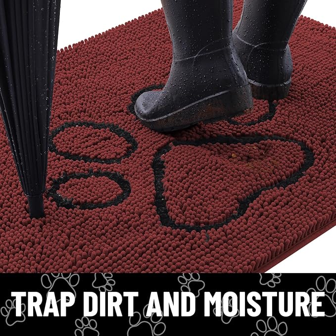 Smiry Dog Door Mat for Muddy Paws, Absorbent Dirt Trapper Non Slip Quick Dry Washable Chenille Mat for Mud Dogs, Entry Rug for Indoor and Outdoor (30x20 Inches, Caramel Russet and Black)