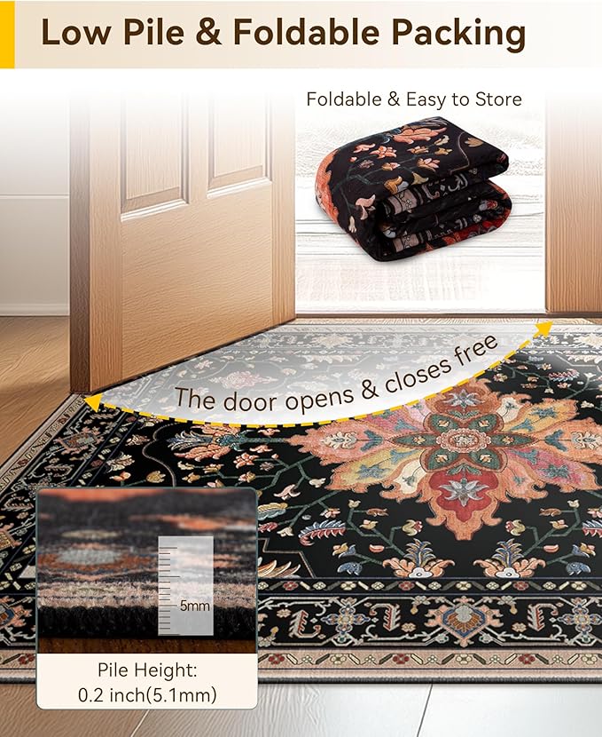 Area Rugs 7'x9' Washable Non-Slip, Floral Vintage Distress Print Pattern Medallion Carpet for Living Room Bedroom Dining Room, Black Colorful Floral Dark Tan