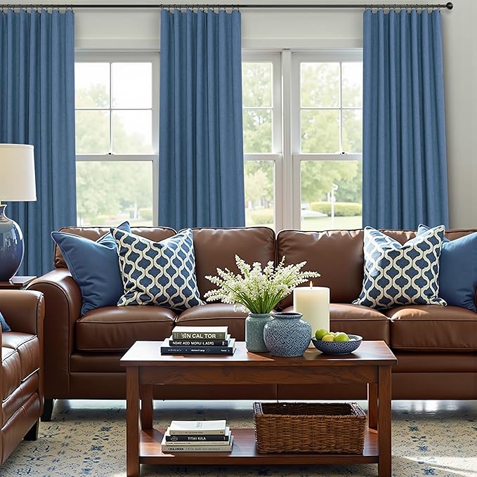 Denim Blue Living Room Black Out Curtains 63 Inch Long Insulated Thermal Darkening Kitchen Drape for Windows Over Sink Boho Linen Textured Blackout Curtain for Dining Room Kids Bedroom Basement Office