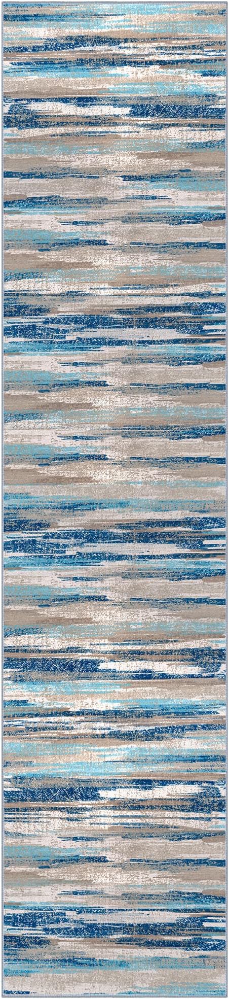 Lansny Modern Abstract Runner Rug 3x12, Blue Washable Long Kitchen Runner Non-Slip Soft Hallway Rug Runner Thin Print Faux Wool Carpet for Entryway Bedroom Laundry Room Indoor Home Decor