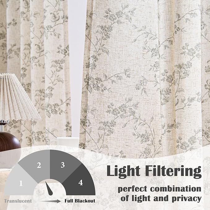 Lazzzy Grey Floral Linen Curtains 84 Inch Farmhouse Back Tab Drapes for Living Room Bedroom Light Filtering Vintage Grandmillennial Rod Pocket Curtains, 2 Panels, W38 x L84, Grey on Beige