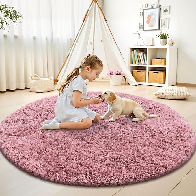 OLANLY Pale Pink Round Rugs for Bedroom - Machine Washable, 8 ft Circle Area Rugs for Living Room, Soft and Fluffy Shaggy Carpet for Teen Girls and Boys, Nursery Rooms, Dorms, Home Decor Aesthetic