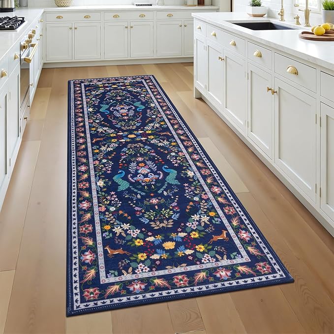 HEBE Washable Hallway Runner Rug 2'x 6' Non Slip Kitchen Rugs Runner,Low Pile Entryway Rug Laundry Room Mat Floral Carpet Runners for Hallways, Kitchen,Bathroom,Laundry,Bedside Rug