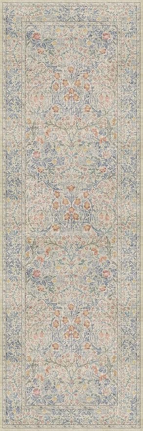 Hazo Haus Washable Bathroom Runner Rug 2x6 - Long Runner Rugs for Laundry Room, Bedroom, 24 x 72 Kitchen Floor Mat - Non Slip Vintage Design Décor, Beige Blue