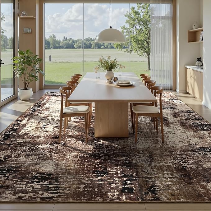 Ompaa Living Room Rug 6x9 Brown Area Rug Machine Washable Boho Coffee Rug Non Slip Abstract Vintage Indoor Large Rugs for Bedroom, Classroom, College Dorm, Farmhouse, Dining Room, Kids Playroom