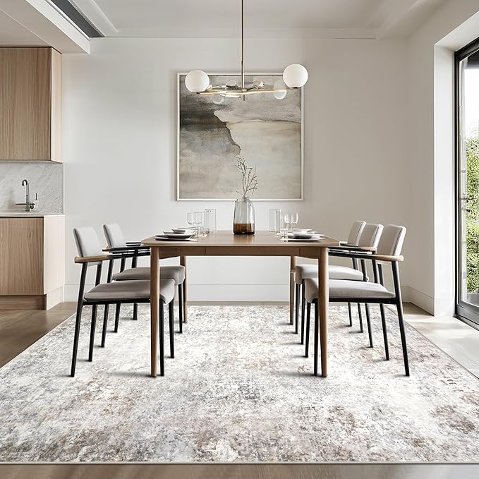 Srugn Washable Rugs 10x14 Area Rugs for Living Room,Modern Abstract Rugs for Bedroom,Large Carpets,Ultra Soft Faux Wool Retro Dining Room Rug,Non Slip&Non-Shedding Low Pile Print Rug- Beige Grey