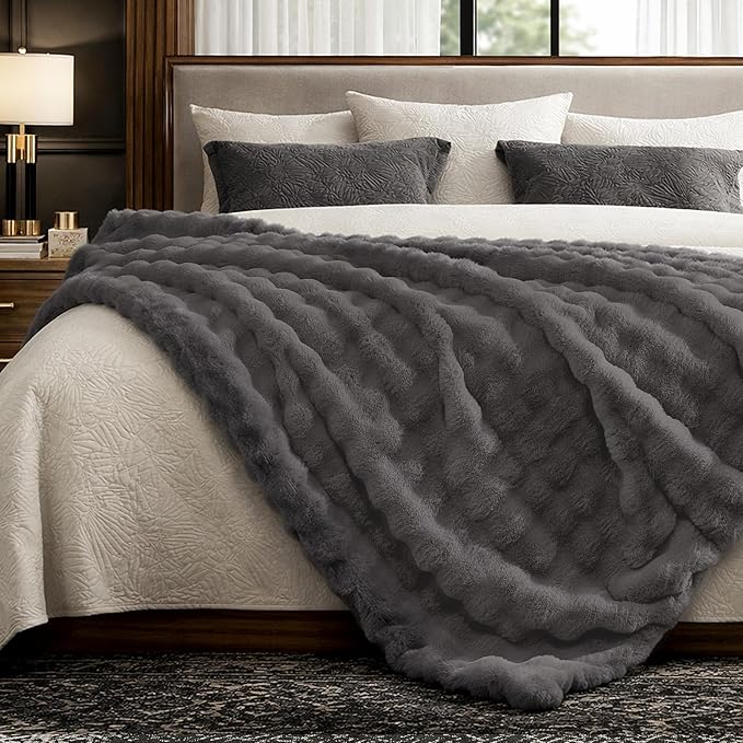 Cozy Bliss Faux Fur Bubble Throw for Couch, Fuzzy Soft Plush Thick Blanket for Sofa Bed Gift, 50x60 Inches Charcoal Grey