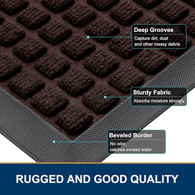 Smiry Front Door Mat Outside Entrance, Heavy Duty Natural Rubber Doormat, Non Slip, Trap Dirt and Moisture, Easy Clean, Low Profile Welcome Floor Mats for Indoor Outdoor Entry, 47x32 Inch, Brown